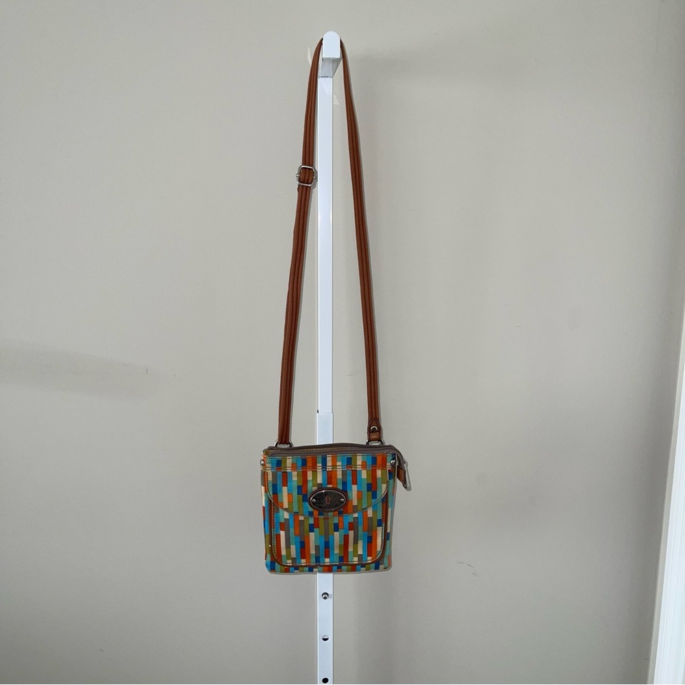 Fossil Key-Per Multicolor Stripe Crossbody Bag Small Canvas Leather Trim - Picture 2 of 8